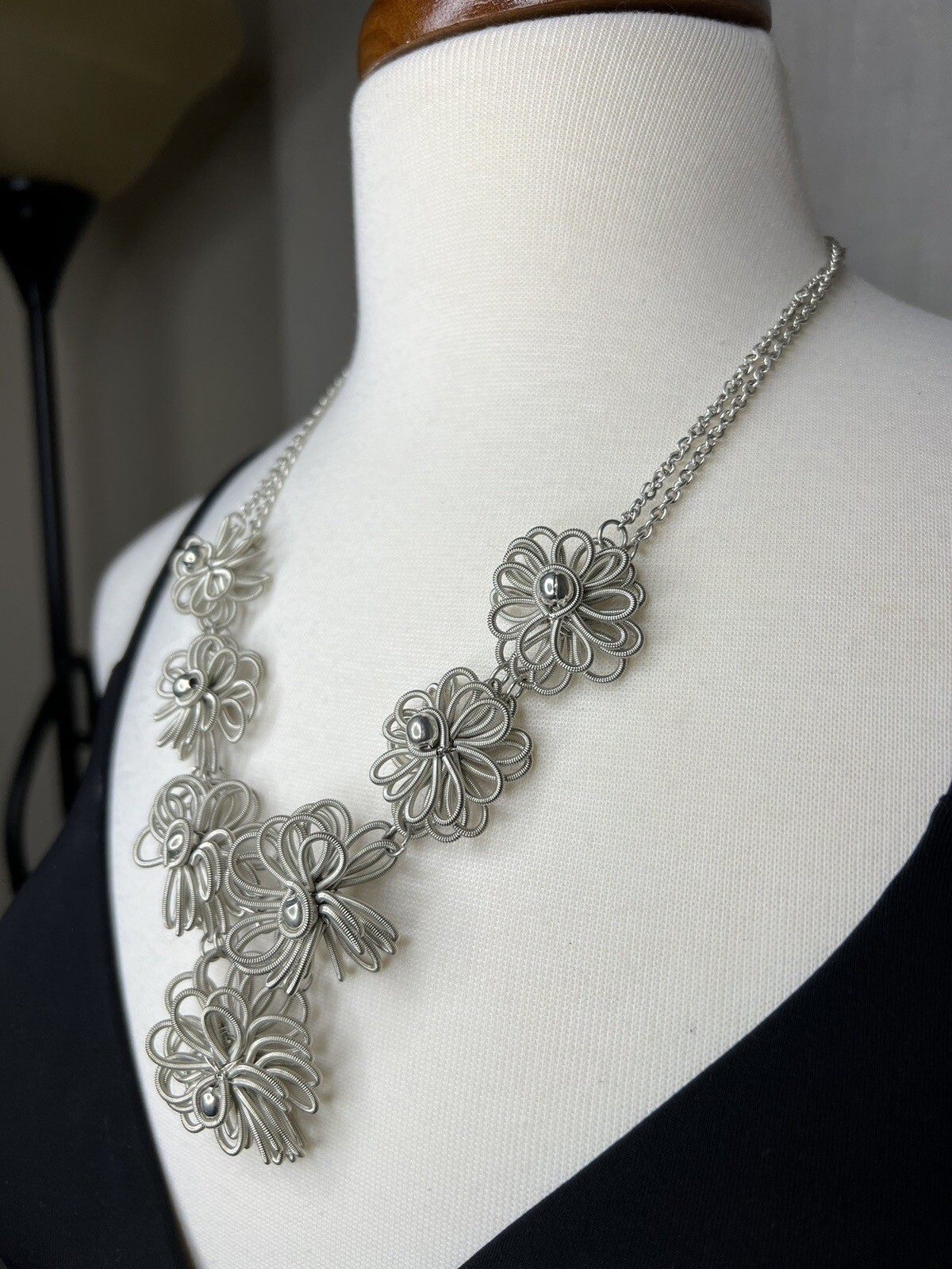 Silver Toned Multi Flower Statement Necklace - image 3