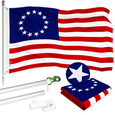 G128 Combo: 5 Ft Flagpole Silver & Betsy Ross Flag 2x3 Ft Embroidered 300D Poly