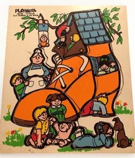 VTG 1970s Playskool Old Woman in the Shoe Wood Puzzle 290-09 15 Pieces Tray USA