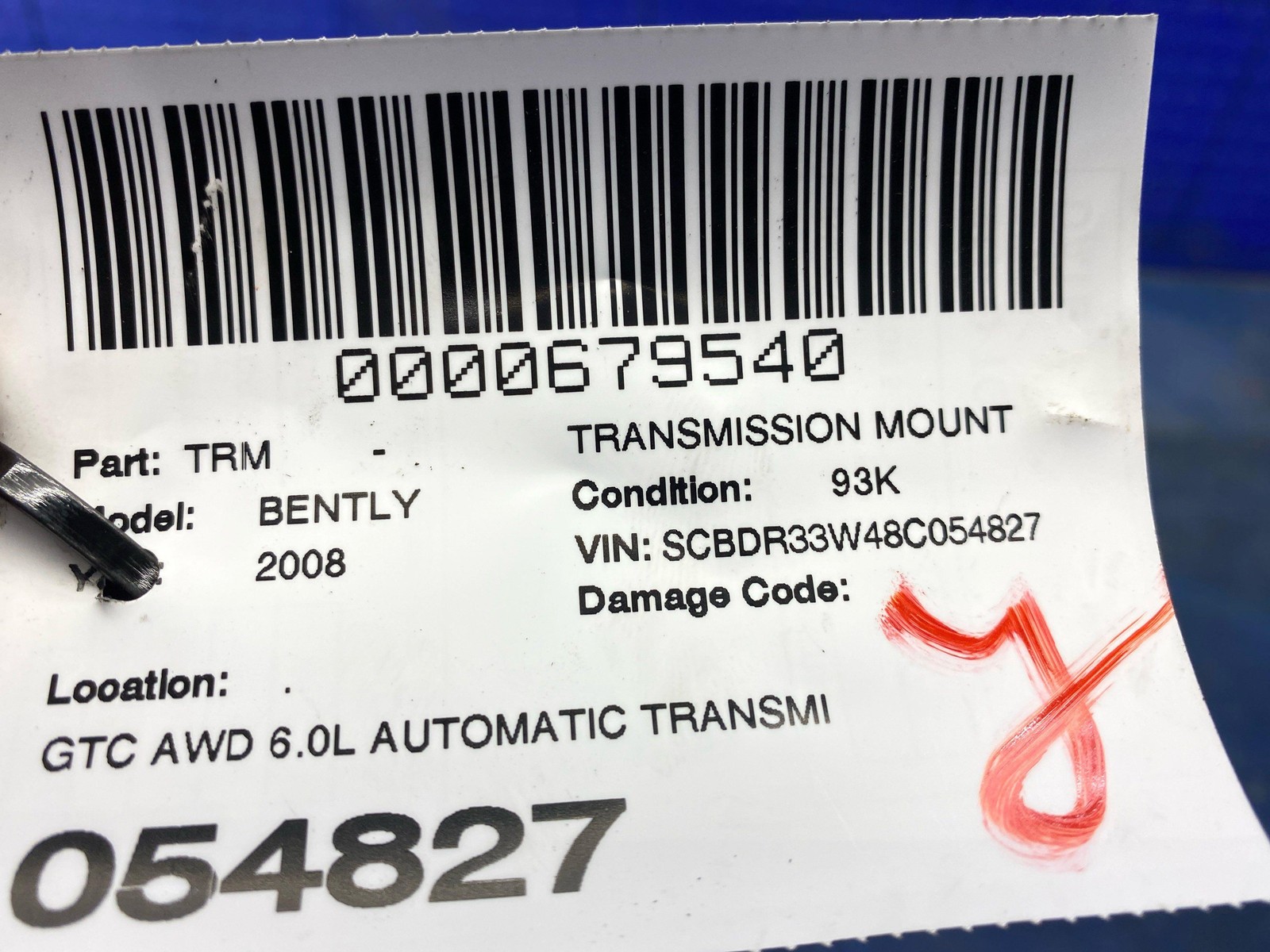 2006-2010 BENTLEY CONTINENTAL GTC 6.0L AUTO TRANSMISSION SUPPORT MOUNT BRACKET