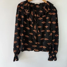 RHODE Nessa Print Ruffle Top Womens M Tie Blouse Black Orange Ikat