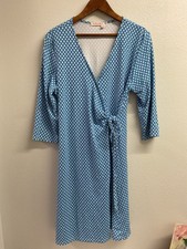 Fresh Produce WRAP DRESS LARGE BLUE WHITE 3/4 SLEEVES STRETCH USA TRAVEL