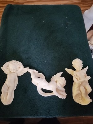 3 Pcs Vintage White Bisque Porcelain Cherub  Wall Hanging  Figurines Made In...