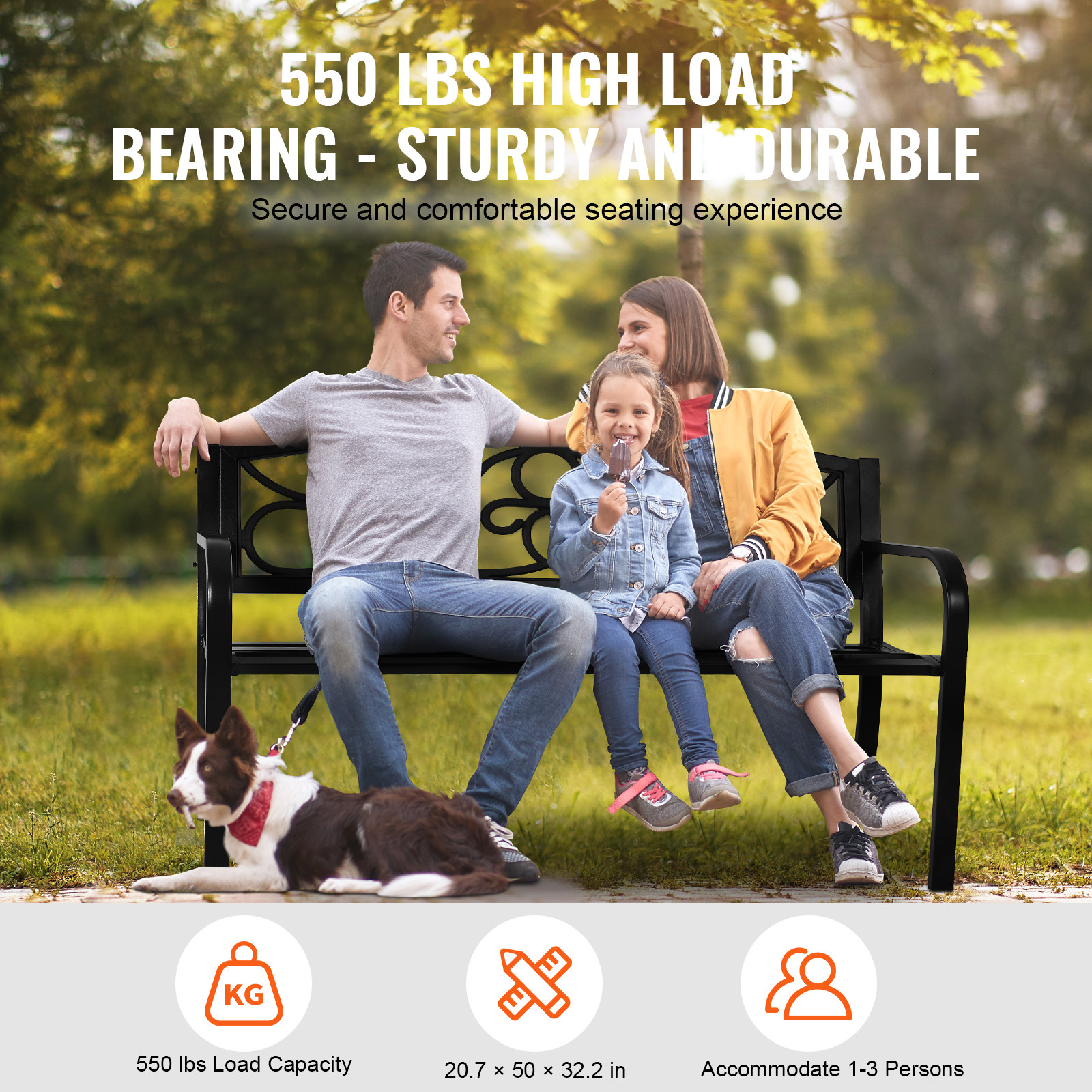 VEVOR Outdoor Bench 50 in Metal Garden Bench 550 lbs Park Patio Yard Porch Bench