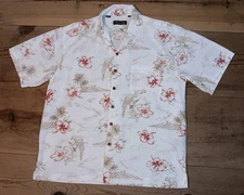Milano Bay Men L Shirt Wood Button Front Rayon Cotton Floral Parrot Vacay Aloha