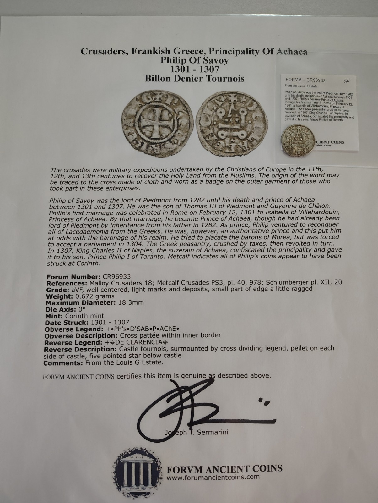 Knights Templar Crusader Coin Denier, PRINCIPALITY OF ACHAEA. Philip of Savoy