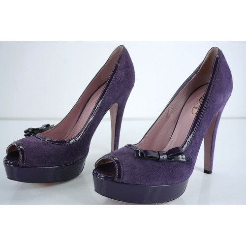 RED Valentino Purple Suede Open Toe Platform Pumps Size 40.5 10.5 bow $450 - Picture 6 of 11