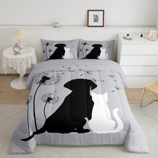 Cute Cat Dog Bedding Sets Twin, Kawaii Puppy Kitten Couple Comforter Set for Gir