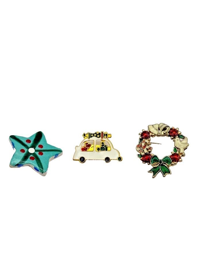 Lote de prendedores de Navidad vintage - corona, coche de vacaciones, broche adorno de estrella de cerámica Foto 4 de 4