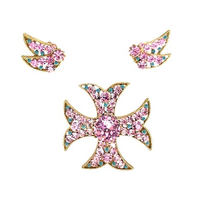 Vtg BSK Maltese Cross Brooch Earrings MCM Set Pink Rhinestones Aqua Seed Bead
