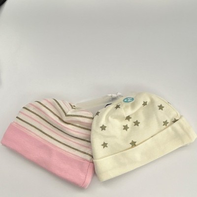 Gerber Baby Beanie Hats Set of 2, 0-6 Months, Pink Striped Star Knit Cotton Caps