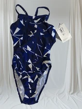 ARENA Women's Shattered Glass Challenge Back One Piece Swimsuit Sz 24 Navy