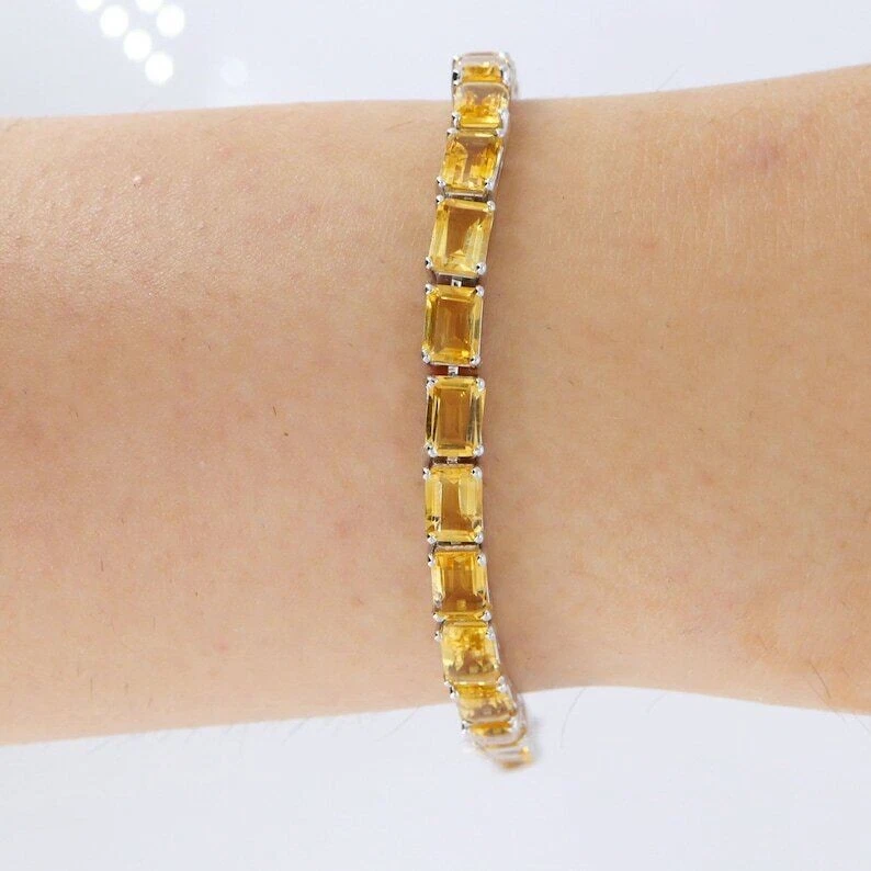 Natural Emerald Cut Citrine Gemstone 925 Sterling Silver Tennis Bracelets - Image 3 of 4