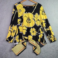 MSK Womens Tunic Top L Yellow Black Floral Roomy Lagenlook High Low Artsy Boho