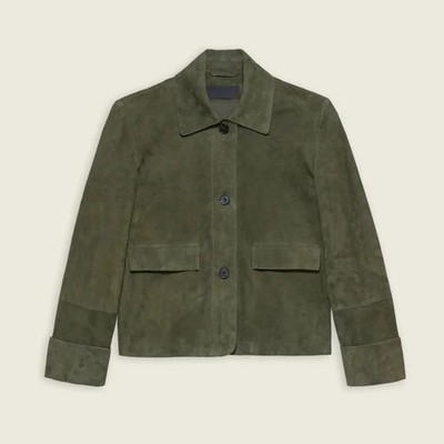 Women's Olive Green Real Suede Leather Jacket Cropped Front Pockets Coat S-3XL
