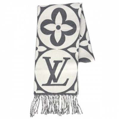 Louis Vuitton Monogram Flower LV Medaillon Wollschal Grau 82,3 Zoll Gebraucht