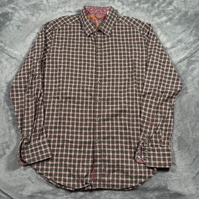 Robert Graham Shirt Mens Large Gray Red Plaid Classic Fit Flip Cuff Button Up