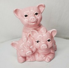 Vintage Pink 3 Little Pigs Piggy Bank Ceramic Babies Stacked Playful Nursery