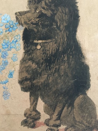 Aquarelle XIXe Belle époque Petit chien Caniche aux fleurs Art Nouveau - Photo 6/10