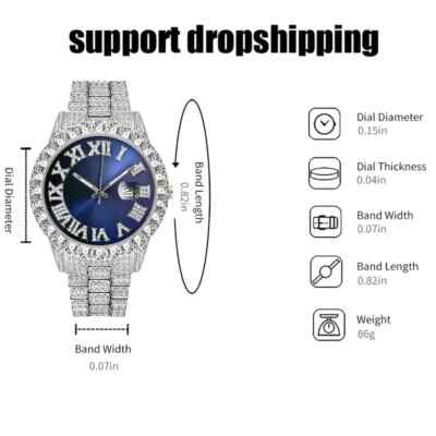 Hip Hop Iced Bling Silver Finish Rapper Blue Dial Metal Simulated