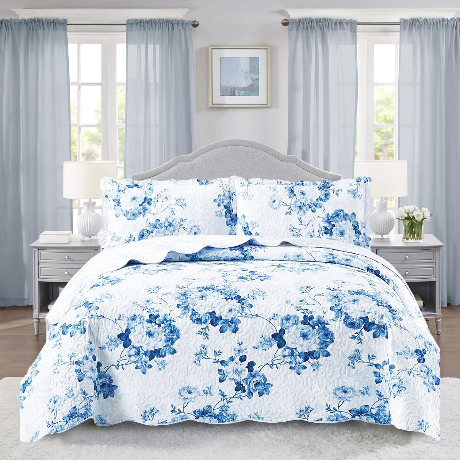 Printed Patchwork Bedspread Set Quilted Bed Cover Bed Throw Set Check