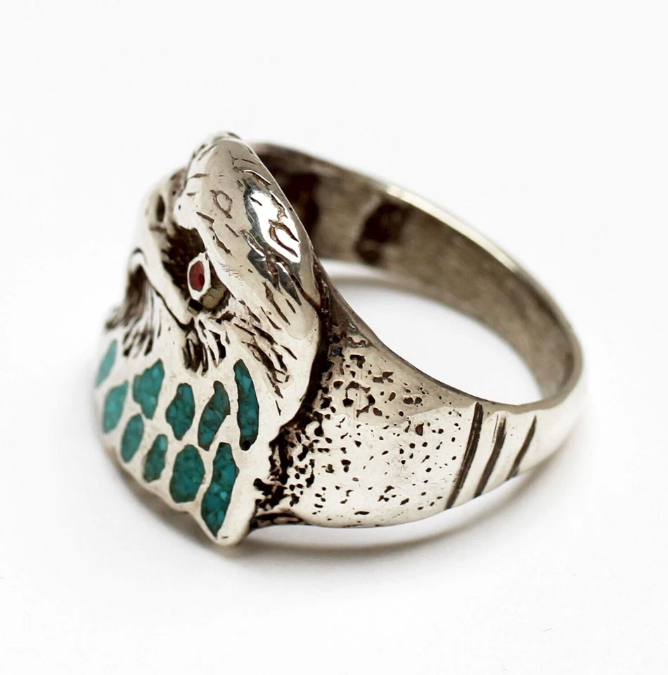 Indianerring 925 Silber Adler Adlerkopf Türkis Koralle Indianer Herrenring Gr 58 - Bild 3 von 4