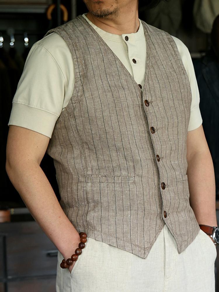 Men British V-neck Retro Flax Vest Slim Fit Summer Chic Single Breasted