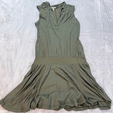 CLU Olive Green Sleeveless V Neck Drop Waist Midi Dress Size M Made in USA