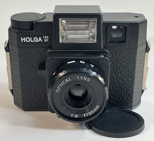 Camera Holga 120 SF Film Camera Box Vintage Black Built-in Flash 60mm Tested