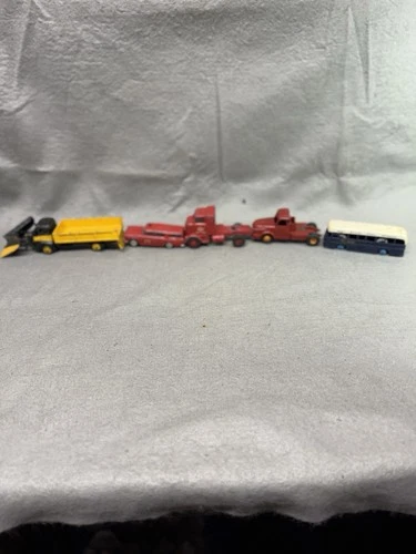 VTG LOT OF 5 DINKY TOYS SNOW PLOUGH, NASH FIRE CHIEF, BOAC BUS, 2 TRUCKS