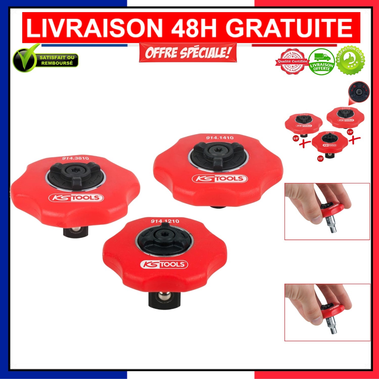Kit de 3 mini cliquets 1/4 3/8 1/2 compacts en acier chrome-vanadium pour serrage mécanique