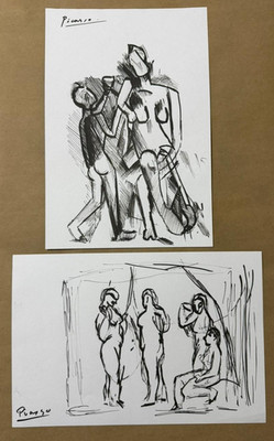lot of 2 PICASSO drawing and painting on old paper signed stamped