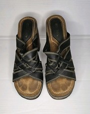 Y2K 90s VTG Black Leather Strappy Platform Sandals Chunky Wooden Heel Size 9