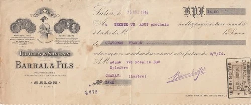 14 francs - bank check receipt - oils and soaps - 1914