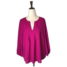 Collective Concepts Shirt Women Small Pink Balloon Sleeve V Neck Lace Blouse