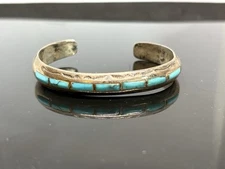 Vinatge Navajo Native American Sterling Silver Turquoise Inlay Old Pawn Bracelet