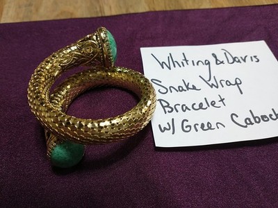VINTAGE WHITING & DAVIS Mesh Snake Wrap Bracelet Green Peking Glass Cabochon