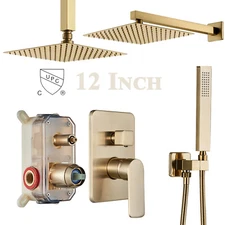 Brushed Gold Shower Faucet Set System Rainfall Shower Head Combo w/Mixer Valve
