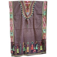 Long Polyester Kaftan Brown African Print Beach Party Casual Kimono Maxi L-52"