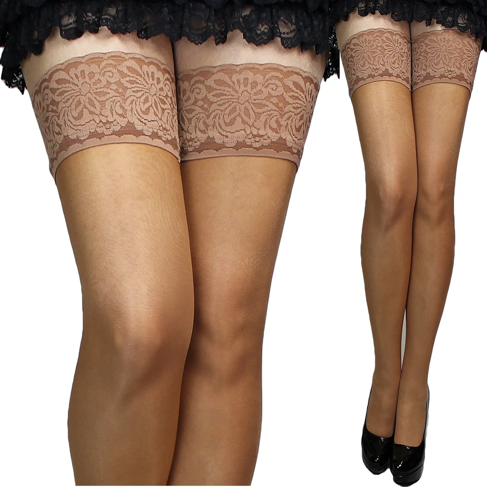 Plus Size halterlose Damen lange Strümpfe leicht glänzend mit Spitze transparent - Bild 2 von 3