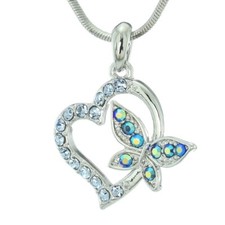 Heart Butterfly Blue Made With Swarovski Crystal Love Pendant Necklace 18" Chain
