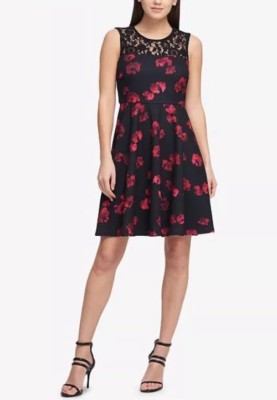 DKNY Sleeveless Fit & Flare Dress Floral Printed Cadmium Red Black 4 S $139  NWT | eBay