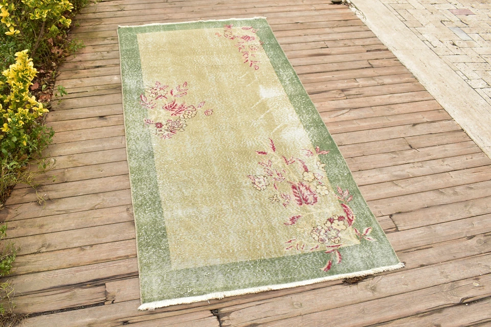 Alfombra Turca Oushak 3x6 Alfombra Vintage Floral Verde Tribal Oriental 104x2... - Imagen 2 de 4