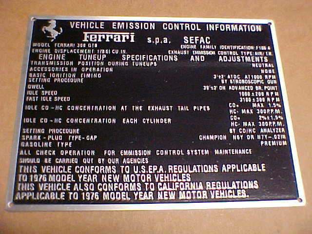 Vintage FERRARI data plate Emission Control Information Etched Aluminum