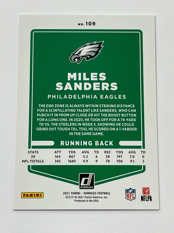 2021 Donruss Football Press Proof Blue - Miles Sanders - Philadelphia Eagles - Image 2 of 2