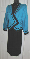 VTG 80s Papell Petites Wrap-Top Pencil Skirt Set 100 Silk Teal/Black wm. 8/10