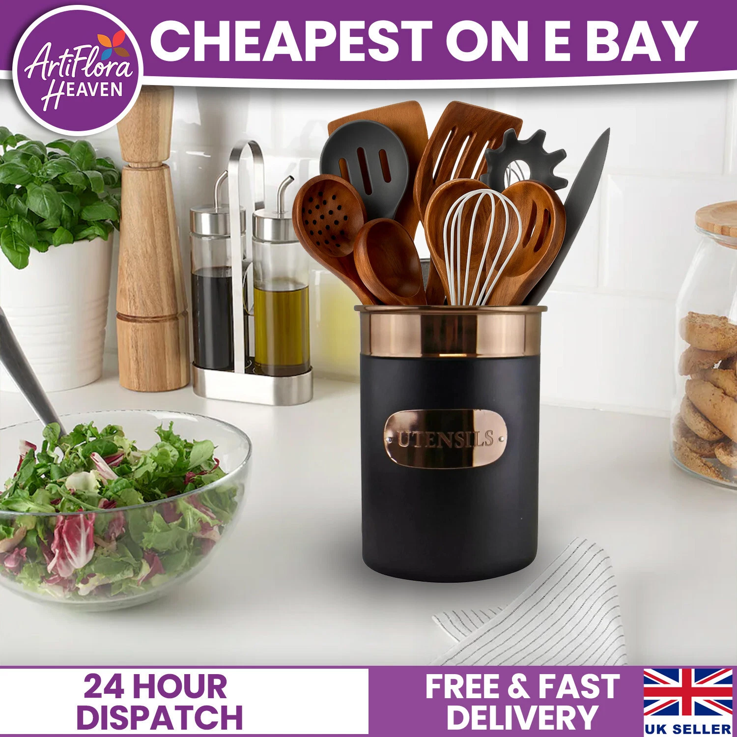 Black &Copper Kitchen Utensil Cutlery Holder Storage Pot Caddy Organiser Cutlery
