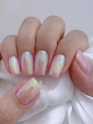 24pcs Long Square Light Pink Aurora Magic Mirror Powder Mermaid