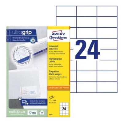 Avery Zweckform Labels Avery 70 x 37mm White (3474) 2.400 Etiketten / 100 Bögen