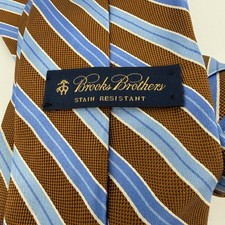 Brooks Brothers Silk Tie Brown Tan Blue Stripe Stain Resistant Made in USA